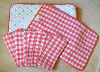 Vintage Laura Ashley Red Poppy & White Placemats & Checked Cloth Napkins
