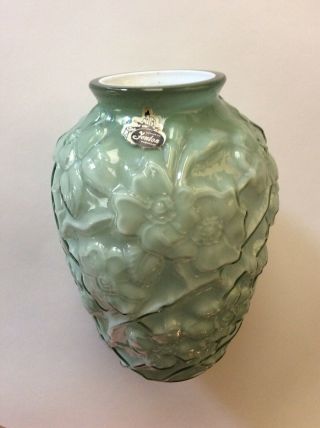 Vintage Fenton Vase Green Dogwood Design With Label