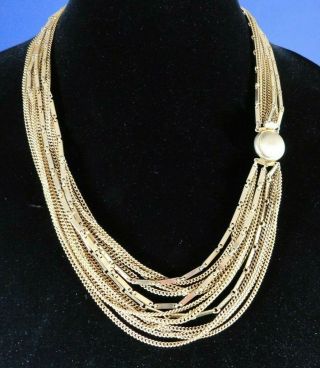 Vintage Multi Chain Gold Tone Necklace 12 Strands Decorative Clasp