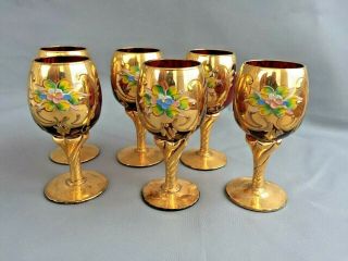 Vintage Bohemian Set Of 6 Glasses Red & Gold