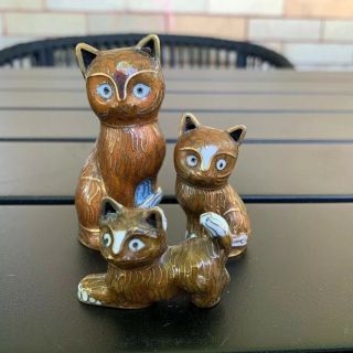 Vintage Cloisonne Brass Enamel Cat Family Chinese Collectible Figurines