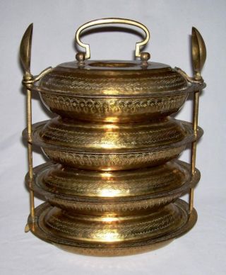 Vintage Asian Brass 4 - Tier Tiffin Box (stackable Food Carriers) W/spoon Supports