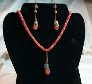 Vintage Coral & Faux Turquoise Necklace & Earrings W/enamel On Sterling Setting