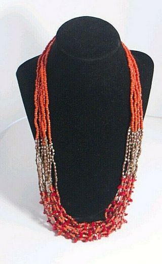 Vintage Multi Strand Red Coral And Seed Bead Necklace 28 " Long
