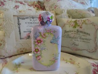 Shabby Chic Hand Painted Roses - Vintage Bottle With Bluebird,  Flowers & Jewels