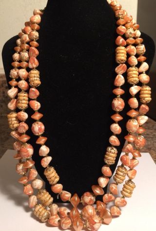 Peach/ Orange Swirl Vintage 3 Strand Beads Gorgeous Necklace