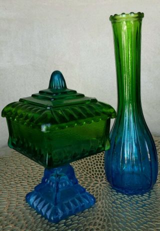 Vintage 2 Pc Depression Glass Jeannette Wedding Bowl Blue Green W/ Matching Vase