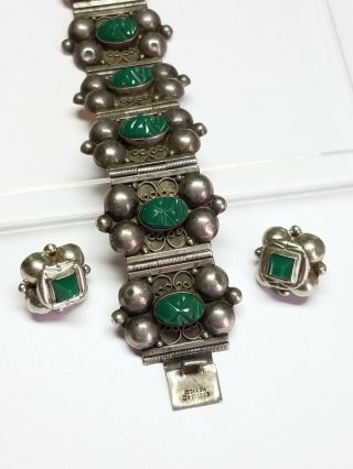 Vintage Mexico Sterling Silver Carved Jade Face Mask Panel Bracelet Earrings Set