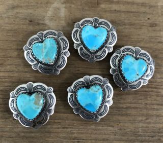 Set Of 5 Vintage Navajo Sterling Silver & Turquoise Heart Button Covers