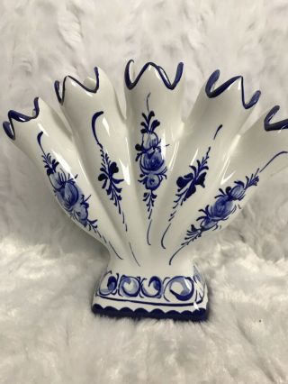 Vintage Rccl 5 Finger Tulip Bud Vase Made In Portugal Hand Painted Blue White