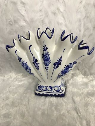 Vintage RCCL 5 Finger Tulip Bud Vase Made in Portugal Hand Painted Blue White 2