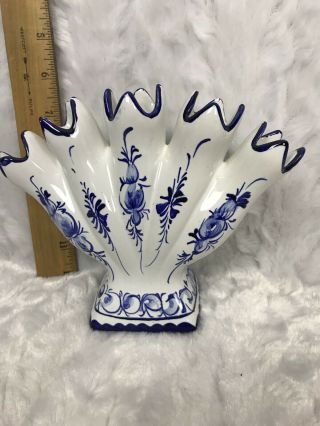Vintage RCCL 5 Finger Tulip Bud Vase Made in Portugal Hand Painted Blue White 4