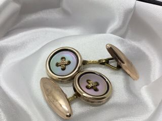 Vintage Art Deco Mother Pearl Button Button Cross Gilt The Castle Cufflinks