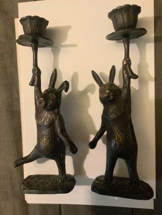 Vintage Pair Cast Bronze/brass Rabbit Candlesticks