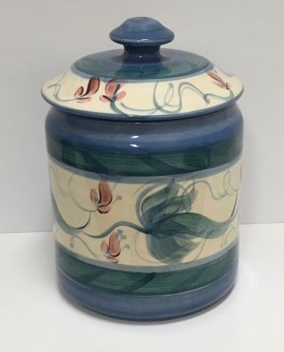 Gail Pittman Pottery Blue Grapevine Canister Medium Size Signed 88 Vintage