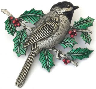 Vintage Bird Brooch Designer Jj Jonette Enamel Holly Leaves Berries Christmas