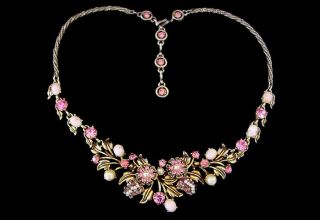Vtg 1955 Hollycraft Pink Rhinestone Foil Glass Cabochon Faux Pearl Necklace