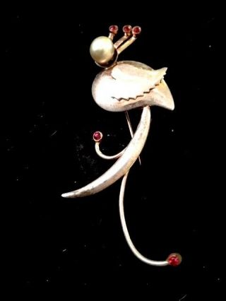 Vintage 925 Sterling Silver Ruby And Pearl Accent 2 2/3 " Bird Brooch / Pin 6.  8g