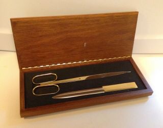 Vintage Solingen Germany Brass Letter Opener And Scissors In Hinged Wood Case