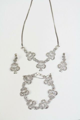 Vintage Sterling Marcasite Flower Bracelet Necklace Earrings Set Full Parure