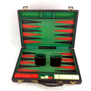 Vintage Backgammon Set Case Style Board 15 " X 20 " Red & White 1 " Chips Bakelite?