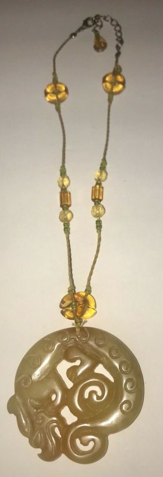 Vintage Chinese Carved Jade Dragon Pendant On Twine With Citrine Beads Necklace