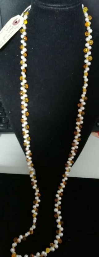 Vintage Real Pearls And Citrine Beads Long Necklace