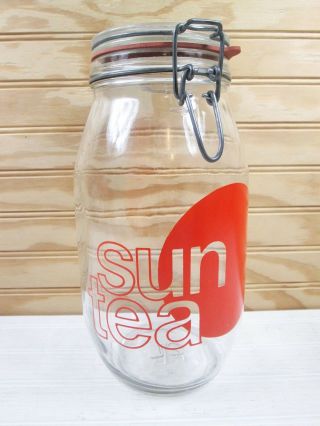 Vtg Sun Tea Jar Clear Wheaton Glass 2l 2 Liter Wire Bail Latch Lid Red Letters