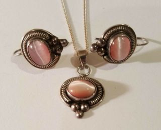 Vintage 925 Sterling Silver Mother Of Pearl Pendant And Earring Set - Mexico