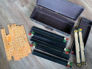 Vintage Mah - Jong Game Set Case Bakelite Catalin Met Ny 141 Tiles Trays Japanese