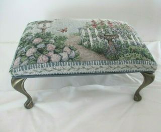 Vintage Footstool W/ Floral Tapestry Garden Scene Metal Queen Anne Legs