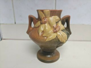 Vintage Authentic Roseville Pottery Clematis Brown Vase 188 - 6