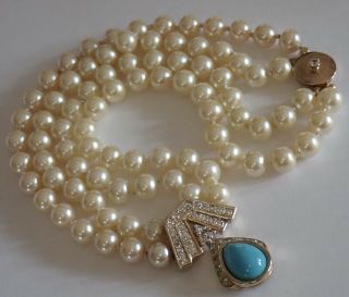 VINTAGE PANETTA GOLD PLATE FAUX PEARL TURQUOISE RHINESTONE NECKLACE 2