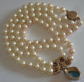 VINTAGE PANETTA GOLD PLATE FAUX PEARL TURQUOISE RHINESTONE NECKLACE 4