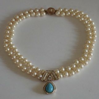 VINTAGE PANETTA GOLD PLATE FAUX PEARL TURQUOISE RHINESTONE NECKLACE 6