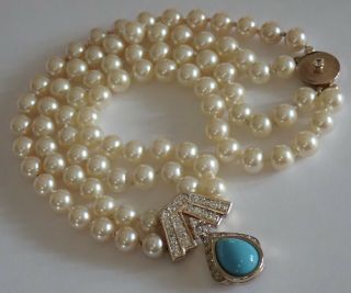 VINTAGE PANETTA GOLD PLATE FAUX PEARL TURQUOISE RHINESTONE NECKLACE 7