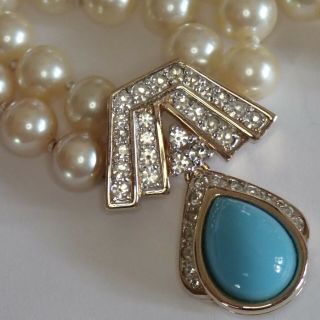 VINTAGE PANETTA GOLD PLATE FAUX PEARL TURQUOISE RHINESTONE NECKLACE 8
