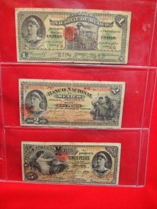 Banco Nacional De Mexico - 3 Vintage Notes - 1 - 2 - 5 Pesos - Colorful Oldtime