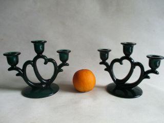 Vintage Candle Holder Pair Green Glass Triple Light Candlestick Imperial Tiffin