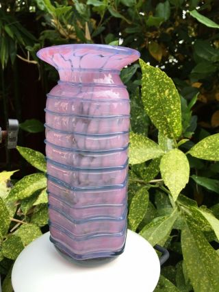 Mdina Glass Trail Glass Vase Mottled Pink With Trailing Blue 19cm X 9cm Vintage