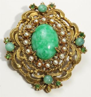 Vintage Florenza Ornate Gold Tone Czech Peking Glass Pearl Floral Brooch Pin