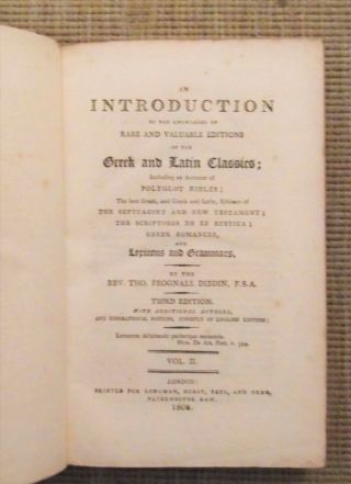Intro.  to Greek and Latin Classics.  Thomas Dibdin.  1808.  Third Ed.  Two Vols. 4