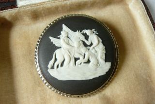 Vintage Silver Wedgwood Black Jasper Ware Pegasus Horse Classical Brooch Pin