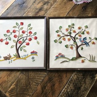 Vintage Crewel Embroidery Picture Cabin Trees Finished Framed Completed Woodland