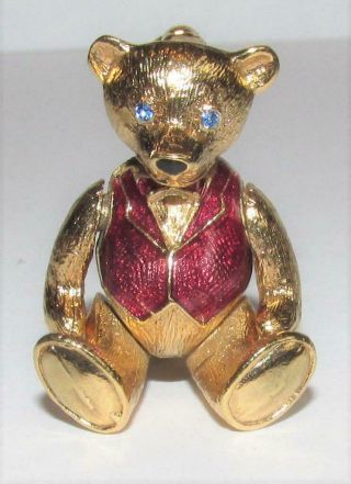 Cute Vintage Articulated Teddy Bear Brooch - Enamel Waistcoat Rhinestone Eyes
