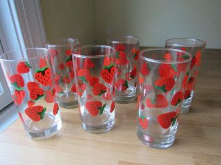 (6) Vintage Strawberry Red Green Drinking Glasses Tumblers 6 " Colony 16 Oz Euc