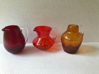 Amber Red Orange Small Vintage Hand Blown Art Glass Pitcher W Handle Set Of 3