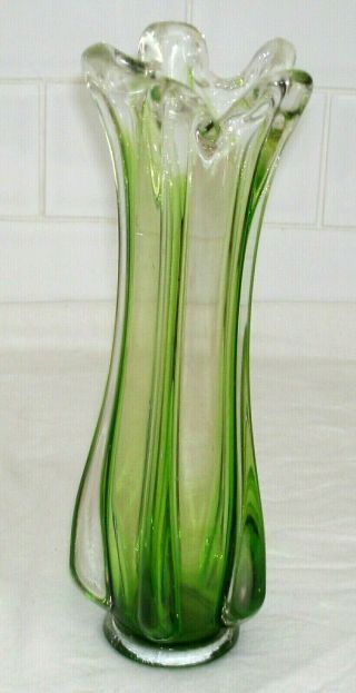 Large Heavy Vintage Lime Green & Clear Art Glass Vase In