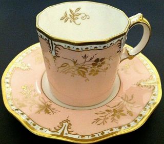 Vintage Royal Crown Derby Demitasse Cup And Saucer.  Pink With Gold Accents