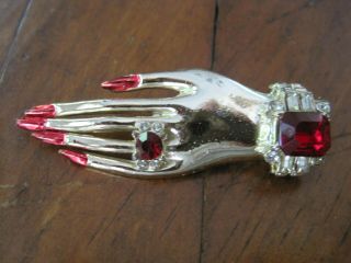 Vintage Gold Tone Hand Pin Brooch Long Red Nails Ruby Clear Rhinestone Manicure
